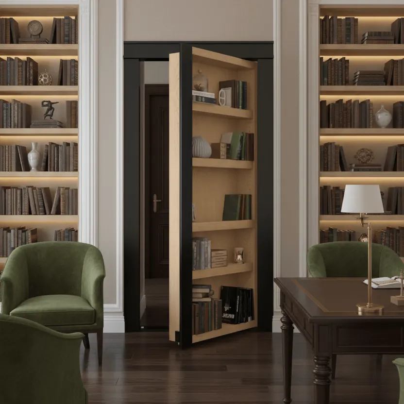 A Murphy Door® hidden door open in a floor-to-ceiling library wall with green chairs. Photo from murphydoor.com.