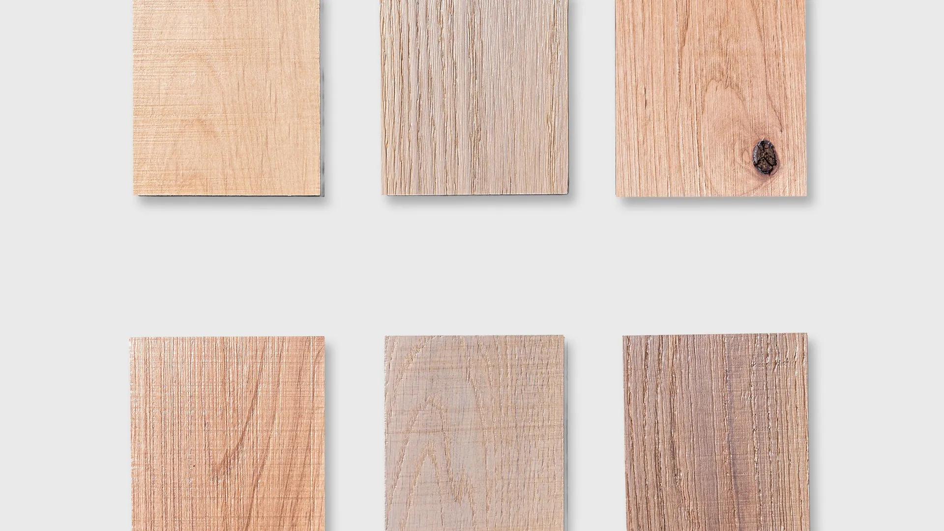 Six T3D Artisan texture and species combinations, alder and white oak in Weathered, Driftwood, and Milled. Photo from t-three-d.myshopify.com.