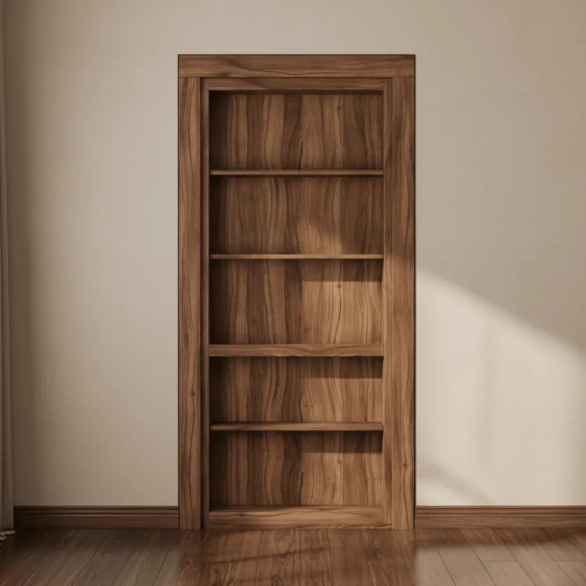 A walnut flush-mount Murphy Door® hidden door closed in an ordinary hallway. Photo from murphydoor.com.