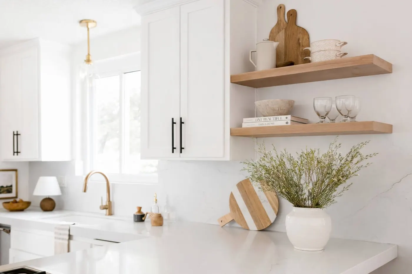 White oak floating shelves styled in a real kitchen, photo from ultrashelf.com.